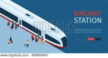 Railway Station Horizontal Banner With Passengers With Suitcases Boarding Modern High Speed Train Is