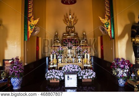Ancient Buddha Statue In Antique Ubosot Ordination Hall For Thai People Travel Visit Respect Praying