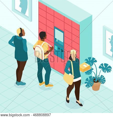Isometric Self Service Postamat Composition Three People In Room Two Of Them Receive Parcel In Post 
