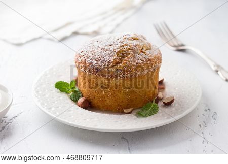 Freshly Baked Sweet Homemade Carrot Semolina Pie Or Mannik With Nuts Sprinkled With Powdered Sugar O