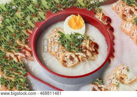 Congee Porridge With Chicken Slice, Tofu, Egg. Congee Porridge From Hong Kong. Chinese Food