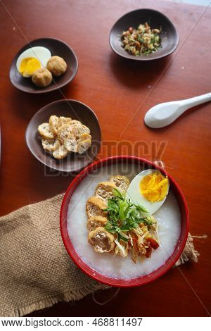 Congee Porridge With Chicken Slice, Tofu, Egg. Congee Porridge From Hong Kong. Chinese Food