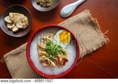Congee Porridge With Chicken Slice, Tofu, Egg. Congee Porridge From Hong Kong. Chinese Food
