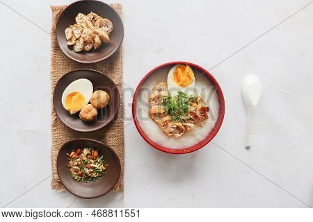 Congee Porridge With Chicken Slice, Tofu, Egg. Congee Porridge From Hong Kong. Chinese Food