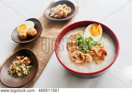 Congee Porridge With Chicken Slice, Tofu, Egg. Congee Porridge From Hong Kong. Chinese Food