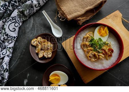 Congee Porridge With Chicken Slice, Tofu, Egg. Congee Porridge From Hong Kong. Chinese Food