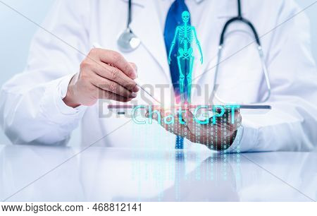 Doctor Man Holds A Tablet Uses Chat Gpt On Virtual Screen For Checking Disease In Laboratory Of Hosp