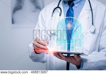 Doctor Man Holds A Tablet Uses Chat Gpt On Virtual Screen For Checking Disease In Laboratory Of Hosp