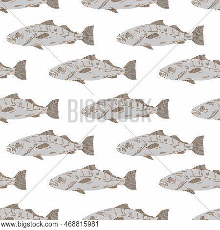 Seamless Pattern With Corvina Fish On A White Background In Flat Style.