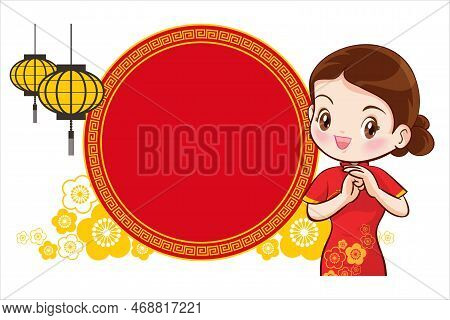 Pretty Chinese Girl In Mandarin Gown With Chinese New Year Festival With Space Frame