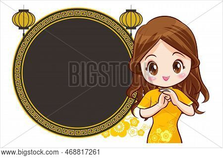 Pretty Chinese Girl In Mandarin Gown With Chinese New Year Festival With Space Frame