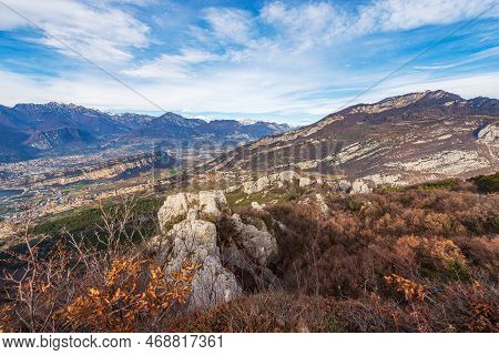Panoramic View Of Italian Alps, Brenta Dolomites And Sarca Valley, View From The Mountain Range Of M