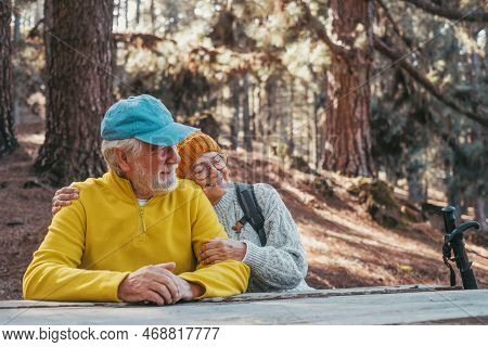 Head Shot Portrait Close Up Of Cute Couple Of Old Middle Age People Having Fun And Enjoying Together