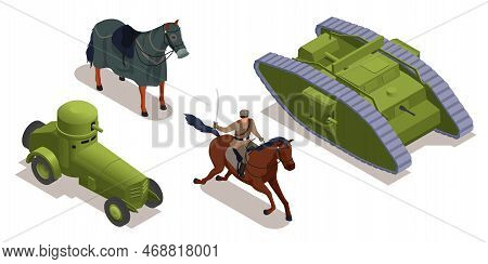 First World War Military Vehicles And Cavalry Isometric Set Isolated Vector Illustration