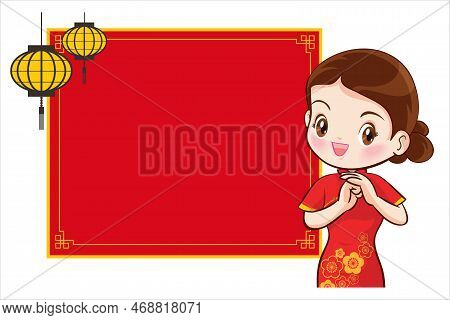 Pretty Chinese Girl In Mandarin Gown With Chinese New Year Festival With Space Frame