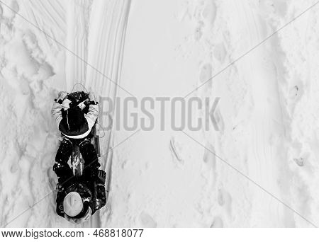 Aerial Overhead Done Photo Of Two Children In A Sled Going Down A Snow Covered Hill.