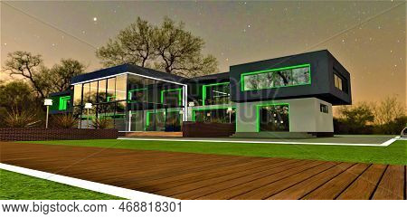Well-groomed Illuminated Territory Of The Modern Country Estete With Freshly Cutted Lawn And Glowing