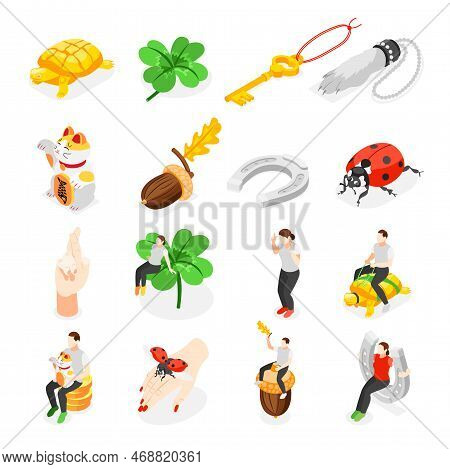 Lucky Symbols Isometric Icons Set Of Acorn Ladybug Turtle Neko Cat Rabbit Foot Horseshoe Four Leaf C