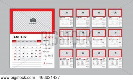Calendar 2023 Template Set On Red Background, Desk Calendar 2023 Design, Planner Design, Wall Calend