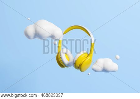 Yellow Wireless Headphones Clouds On Blue Background. Concept Of Music, Playlist And Atmos. 3d Rende