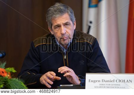 Bucharest, Romania - December 29, 2022: Eugen Daniel Ciolan, Solaris Ceo, At A Press Conference Afte