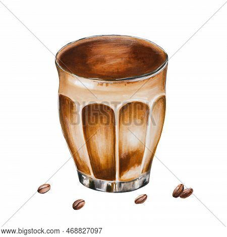 Watercolor Sweet Raff Coffee Illustration In A Porcelain Cup With Coffee Beens. Hand Painting On A W