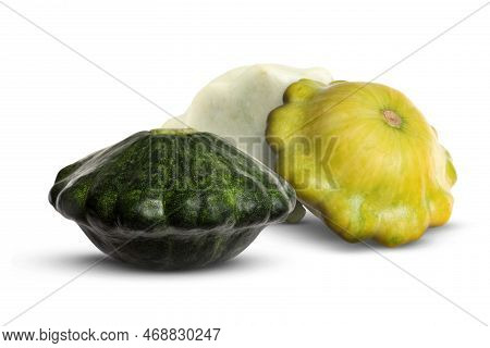 Three Fresh Different Pattypan Squashes On White Background