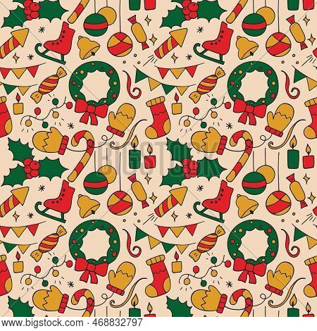 Seamless Texture From New Year Icons, Christmas Symbol. Pattern From Hand Drawn Winter Olidays Icons