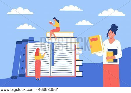Online Library Flat Composition Illustrated Glad Woman With Armload Of Books And Little Female Figur