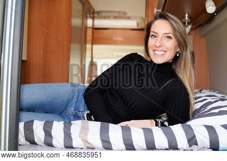 Pretty Beauty Slim Woman Lying On Vanlife Campervan Enjoying View Motor Camper Home Van
