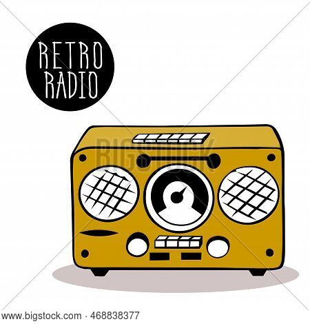 Retro Radio In Rectangular Wooden Case With Speakers And No Handle. Old Electrical Device From The 8