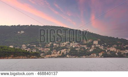 View Of The Mountains Of Kinaliada Island From Marmara Sea, With Traditional Summer Houses And Boats
