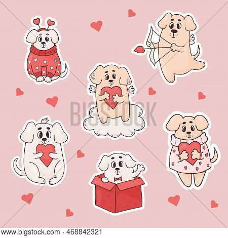 Collection Stickers Romantic Dogs. Cute Pets With Heart, In Box And Funny Winged Cupid Puppy. Vector