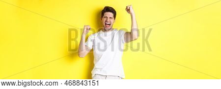 Excited Handsome Man Winning And Shouting For Joy, Raising Hand Up And Triumping, Achieve Goal, Stan