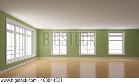 Interior With Light Green Plastered Walls, A Large Window On The Left And Three Windows On The Cente