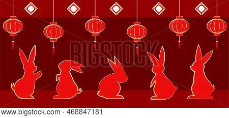Rabbits With Chinese Lanterns Background For Chinese New Year Holiday And Lantern Festival, Decorati