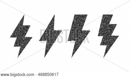 Grunge Lightning Bolt Set. Black Noise Texture Thunderbolt Collection. Stipple Flash Symbols. Dotted