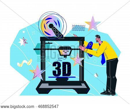 3d Printer Service Banner Or Poster, Cartoon Flat Vector Illustration Isolated On White Background. 
