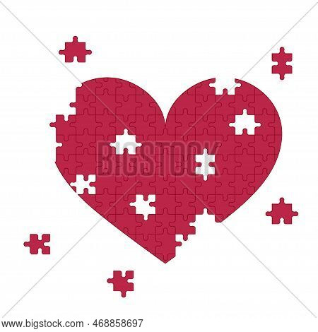 Creative Heart Puzzle. Broken Heart And Unhappy Unrequited Love Concept. Puzzle Pieces. Flat Outline