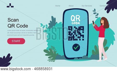Banner Landidng Page Qr Code Scanning Icon In Smartphone. Hand Holding Mobile Phone In Line Style, B