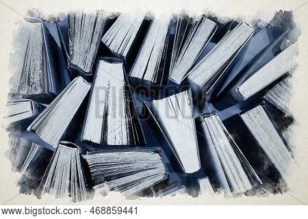 Book Watercolor Illustration Background. Books In The Library. Bookshelf Shop. Knowledge Publication