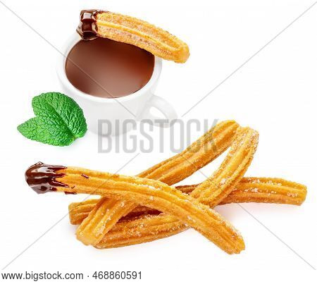 Churros - Fried Dough Pastry With Sugar And Chocolate Sauce Dip Isolated On A White Background. Chur