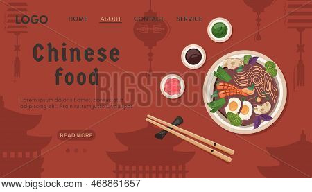 Chinese Food Banner. National Oriental Dish With Noodle, Shrimps, Eggs, Mushrooms. Ramen Soup Closeu
