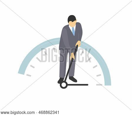 Businessman Tries To Stop Time And Pulls The Clock Hand Back Illustration. Business Time Startegy Ve