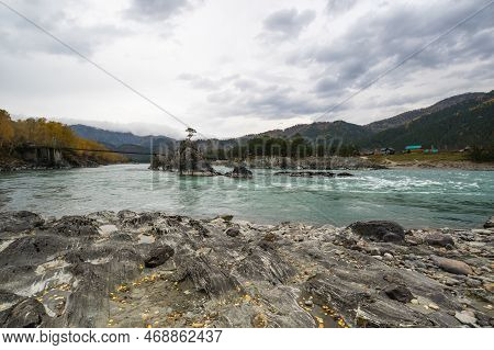 View Of River Katun And Altay Mountains In The Autumn, Siberia, Russia