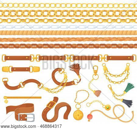 Leather Belts And Chains. Belt And Chain Ornament And Braid Fashion Accessories, Fabric Design Eleme