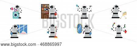 Robot Doing Housework Cleaning And Housekeeping Vector Set