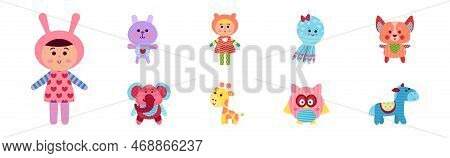 Sewed Stuffed Or Fluffy Toys With Animal And Doll Vector Set