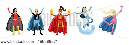 Man And Woman Superhero Wearing Cape Having Super Power Vector Set