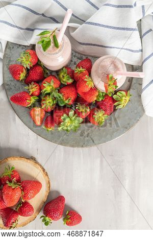 Glasses Of Smoothie Milky Strawberry Blended With Yogurt Or Milk Tasty Morning Breakfast Drink